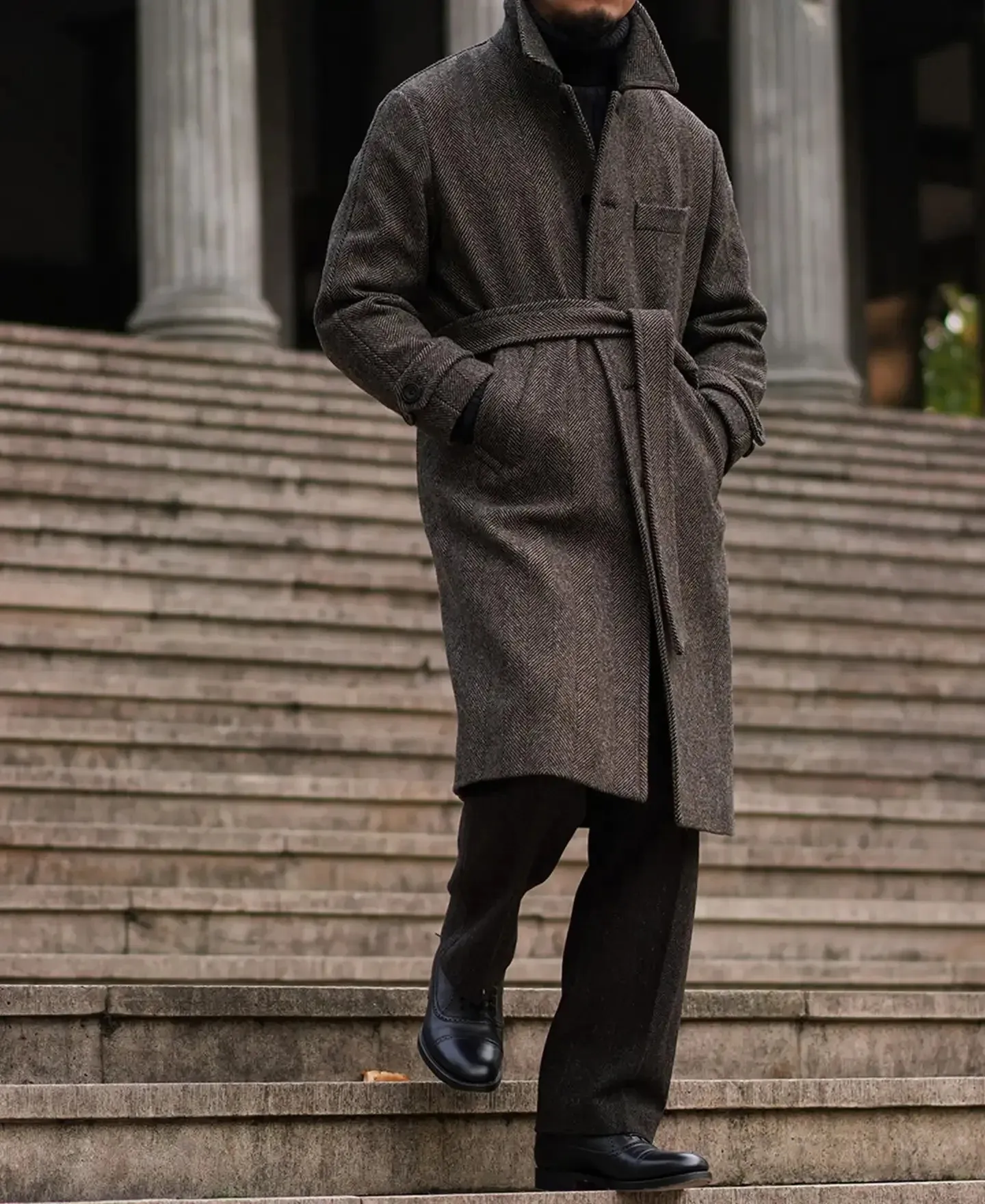 Mens Wool Overcoat Herringbone Tweed Balmacaan Coat: Elegant