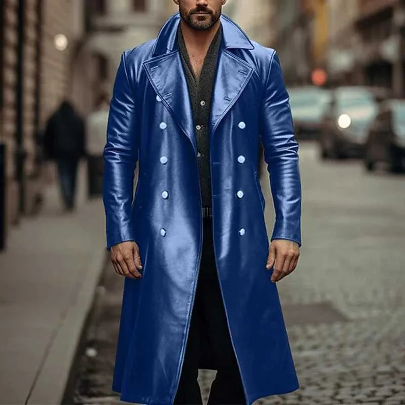 ジャケット・アウター LEATHER COMBINATION DOUBLE LAPEL COAT Mens Double Breasted PU Leather Trench Coat - Windproof