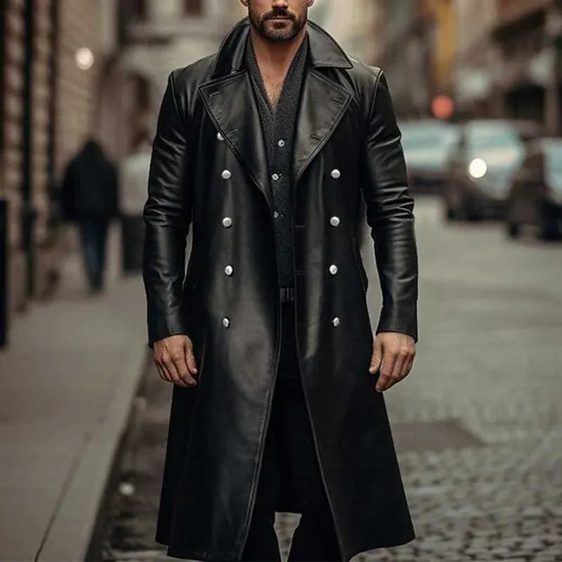 Mens Double Breasted PU Leather Trench Coat - Windproof