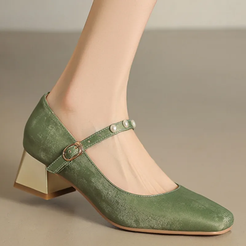 Womens Medium Wedge Heels Mary Jane Dress Shoes with Buckle Strap and Chain  Decoration in Micro Sueded Nude Green from Dhgate Dress Shoes - price 90.09