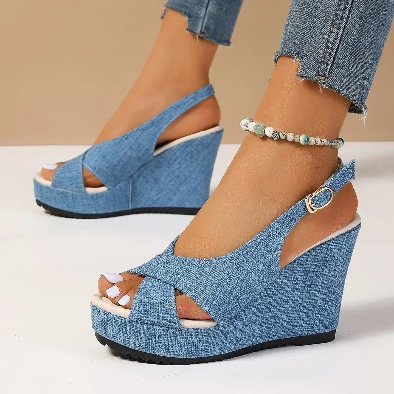 Women's Wedge Sandals: Summer Denim Ankle Buckle Shoes (Sizes  Ladies Wedge Shoes Shop Now!