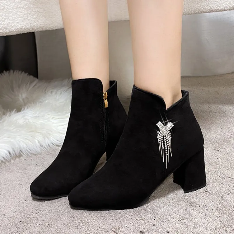 DHgate Womens Rhinestone Tassel Ankle Boots Plush Lined Warm Winter High Heels Shoes Accessories