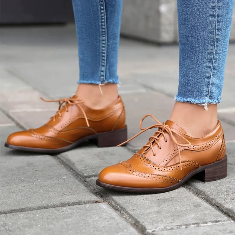 Wholesale Womens Leather Loafers Casual Low Heel Oxfords, Brown