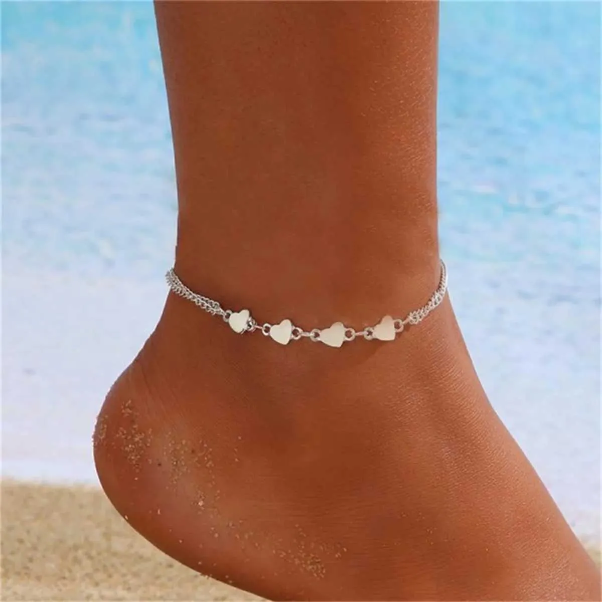Pink Heart Beaded Barefoot Sandals – 2 Piece Set With Ankle Chain & Toe Ring | Bohemian Beach Jewelry For Women