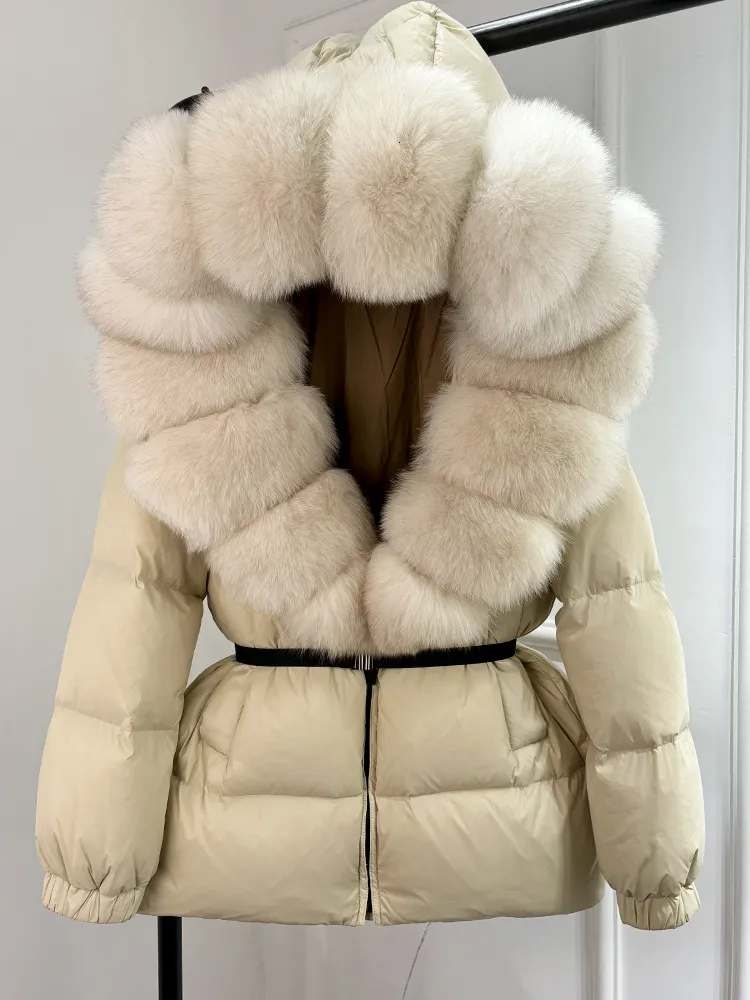 Large Natural Fox Fur Hooded Winter Jacket Women Duck Down Thick Parkas Warm Sash Tie Up Snow Coat main image 0