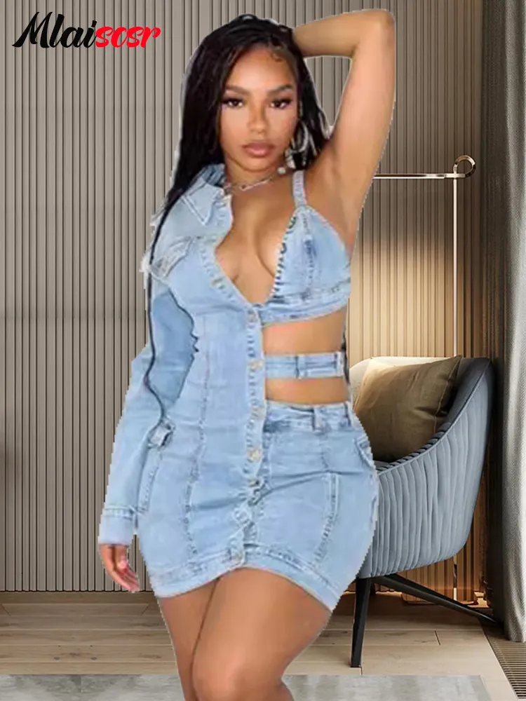 green emerald velvet dress Blue Denim Long Sleeve Ferrea Mini Dress