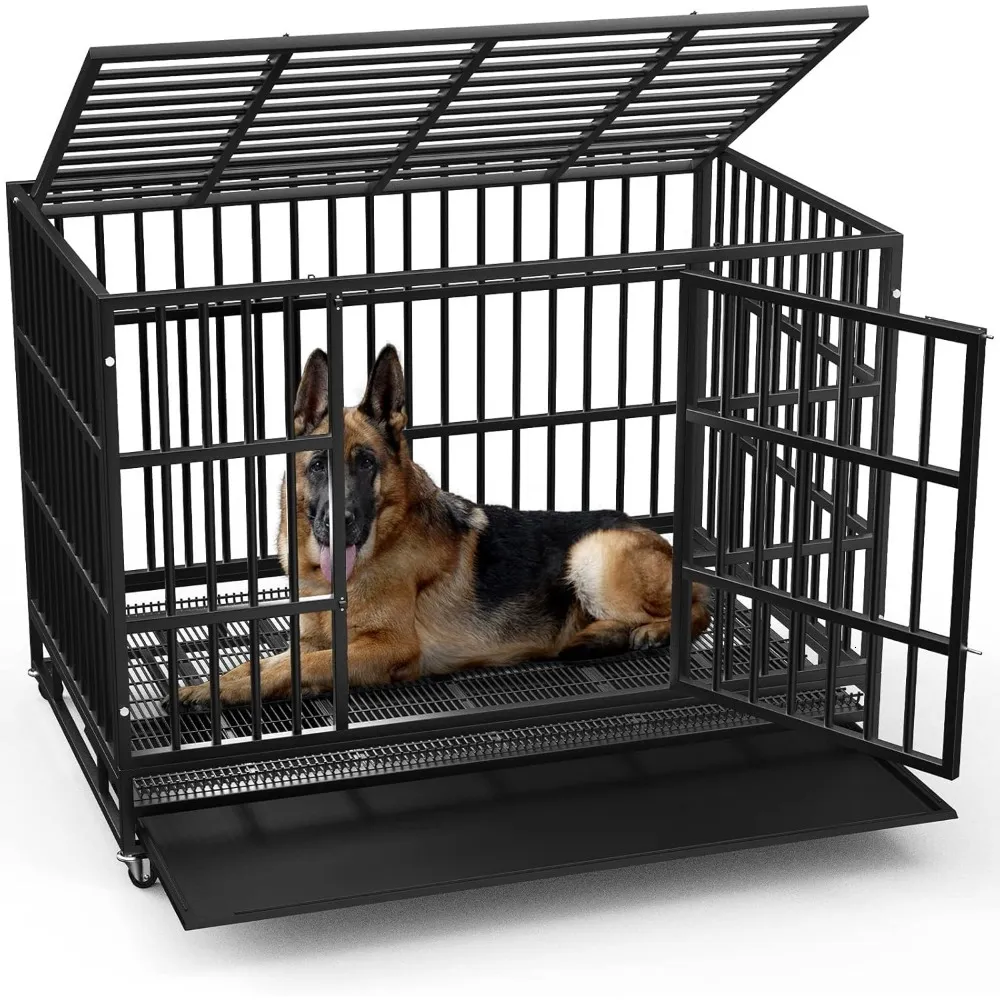 DHgate Heavy Duty Indestructible Dog Cage Kennel Escape Proof with Wheels 48 38 Inch Black 1 Pack Pet Supplies