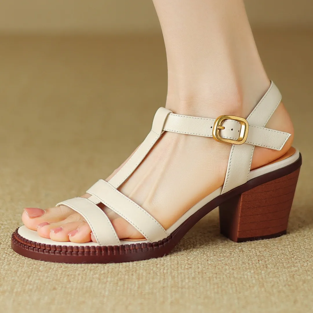 Save Big on Bulk Womens Chunky Leather Sandals Genuine Leather Sandals  Women: Narrow T Strap Chunky Heel Sandals Elegant Open Toe Summer Dress  Pumps,