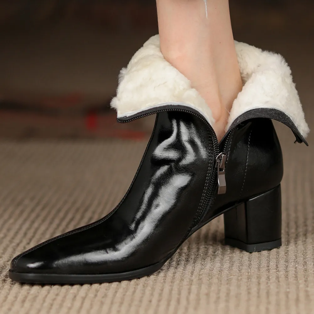 Womens Genuine Leather Winter Chunky Heel Boots With Thick High 