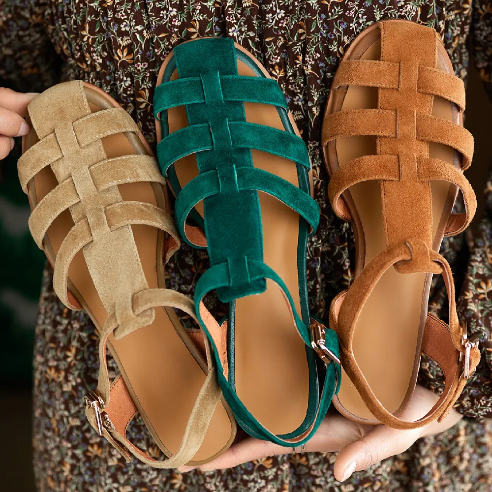 Natural Suede Leather Women s Round Toe orthaheel sandals with Thick Med Heel T Strap Narrow Band Braided Cage Heels Perfect for Summer Pumps
