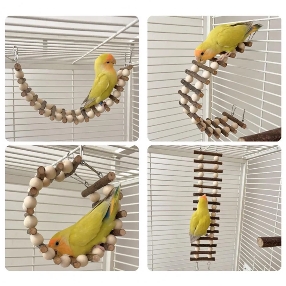 Colorful Hanging Bird Toy with Natural Wood Stand, Climbing Ladders,  Bendable Balls for Parrot Entertainment