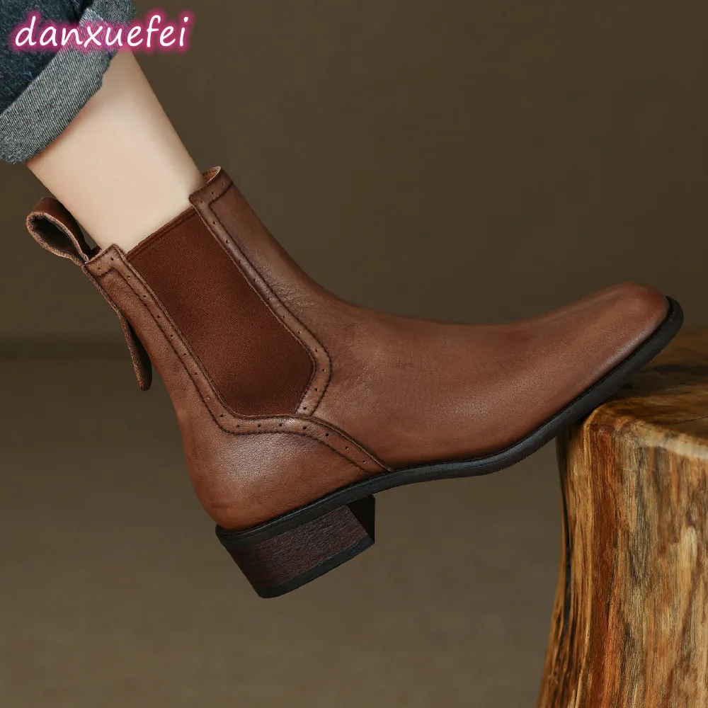 Women's Genuine Leather Patchwork Ankle Boots Slip-on Flats, Elastic  Fabric, Sizes 34-42