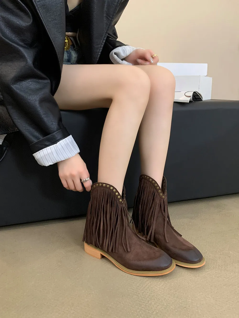 Women's Boots Dark Brown Booties Low Heel Elegant Womens