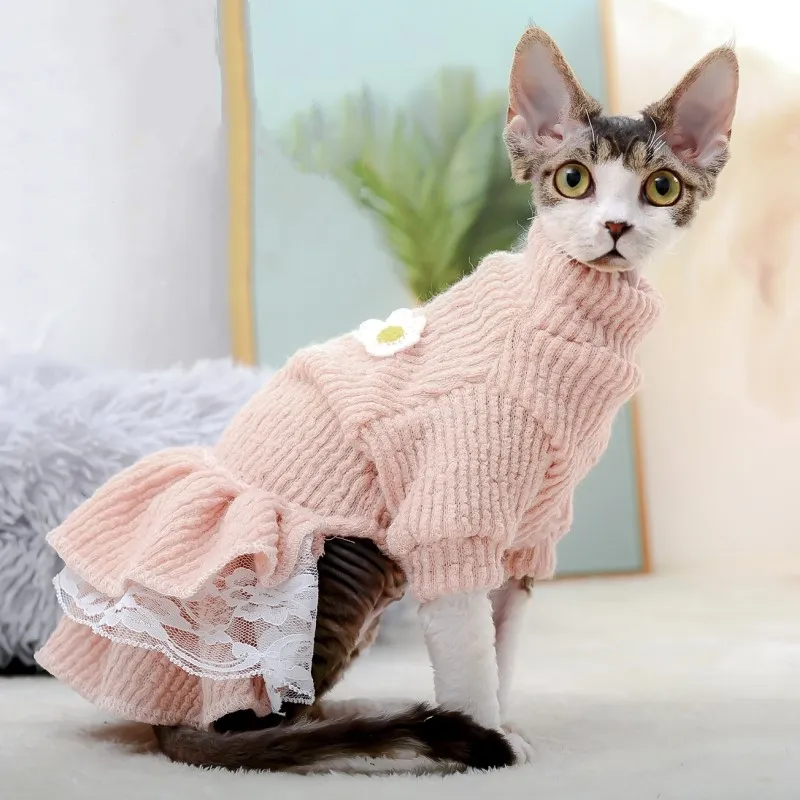 Graceful Spring Knitted Cat Dress Lace Skirt Sphynx Pet Costume