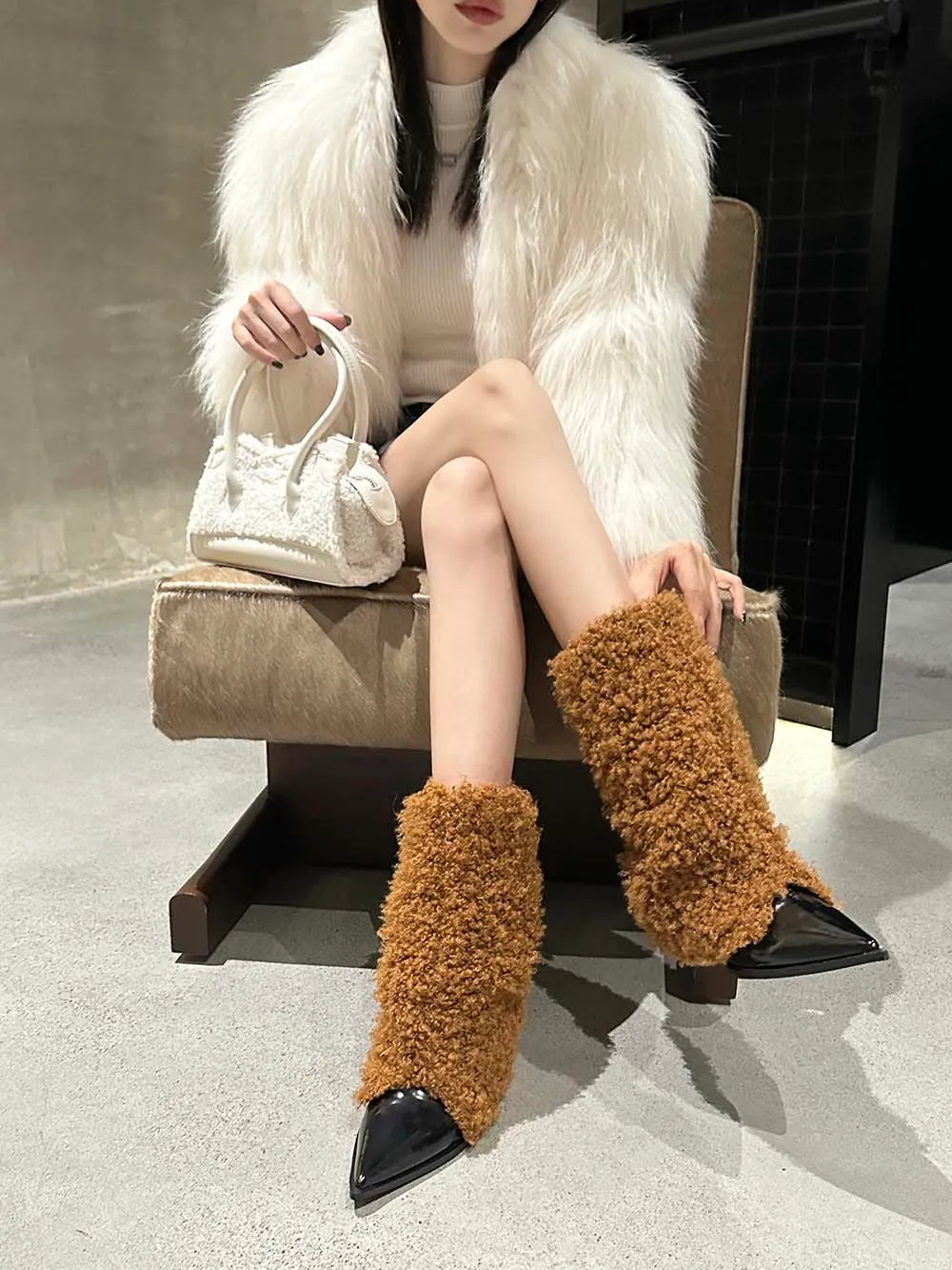 Brown Fur Boots Heels Soda Women Chunky Thick Heels Lug Sole Faux