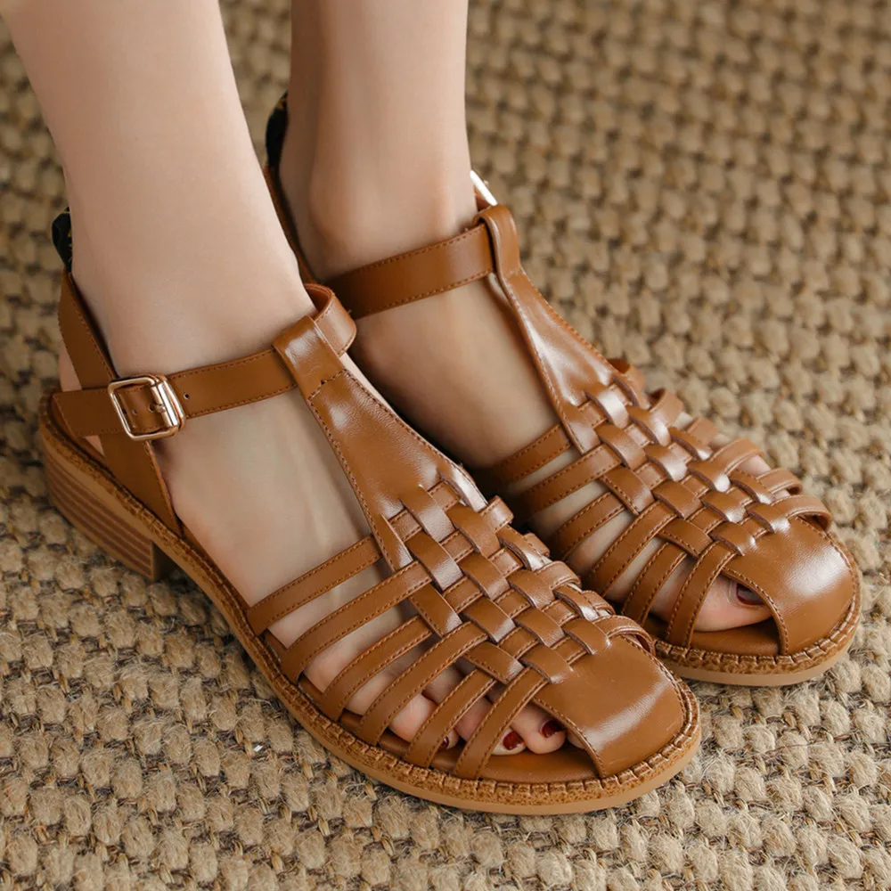 Womens Leather Braided Cage Sandals Casual Round Toe Summer