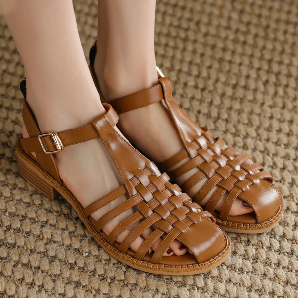 Women's Leather T-Strap Sandals: Braided, Breathable, Summer Flats with  Round Toe and Hollow-Out Design