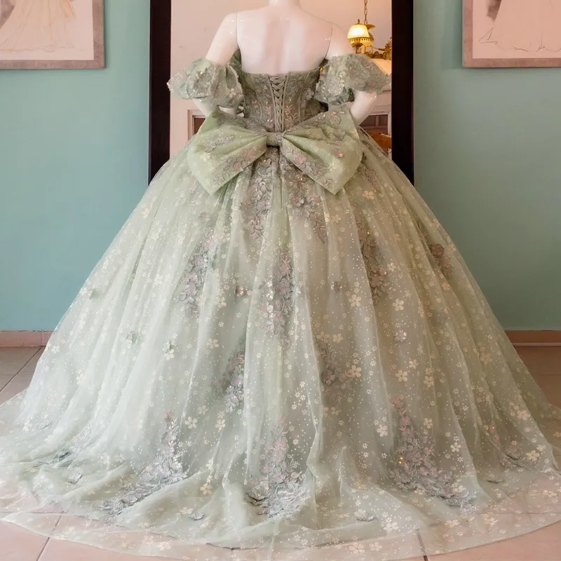 Sage Green Ball Gown Party Dress with Lace-Up Back and Bow Lace Appliqu from Dhgate Quinceanera Dresses - price 292.19 Sage Green Ball Gown Party Dress with Lace-Up Back and Bow Lace Appliqu from Dhgate Quinceanera Dresses - price 292.19