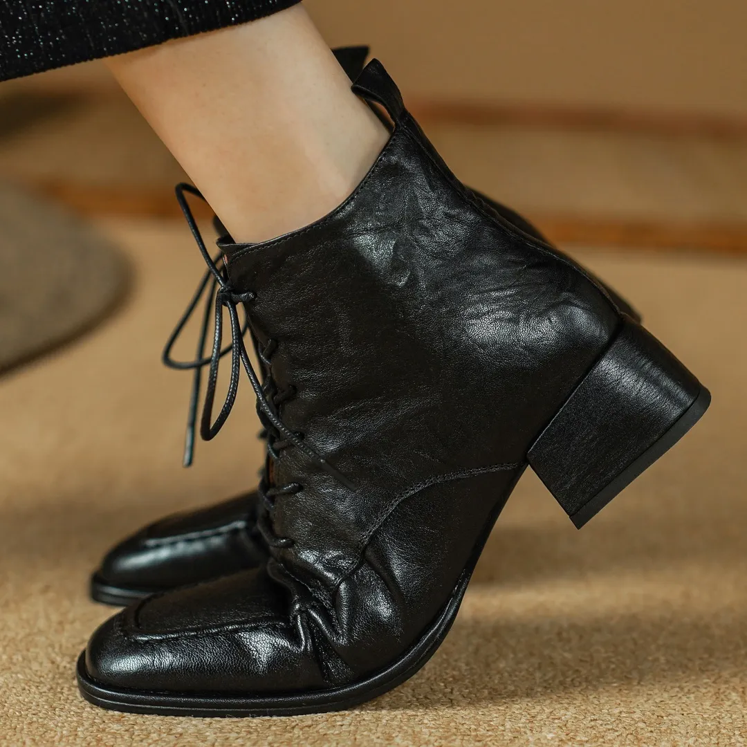 Leather Ankle Women's Formal Boots Low Heel Womens Black Lace