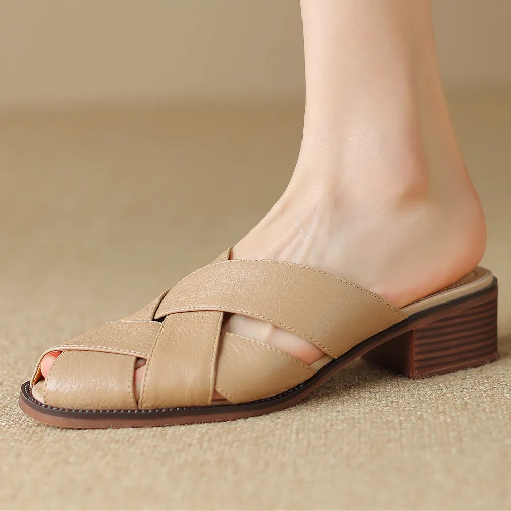 Genuine Womens Leather Narrow Band Braided Slip On Flats Summer