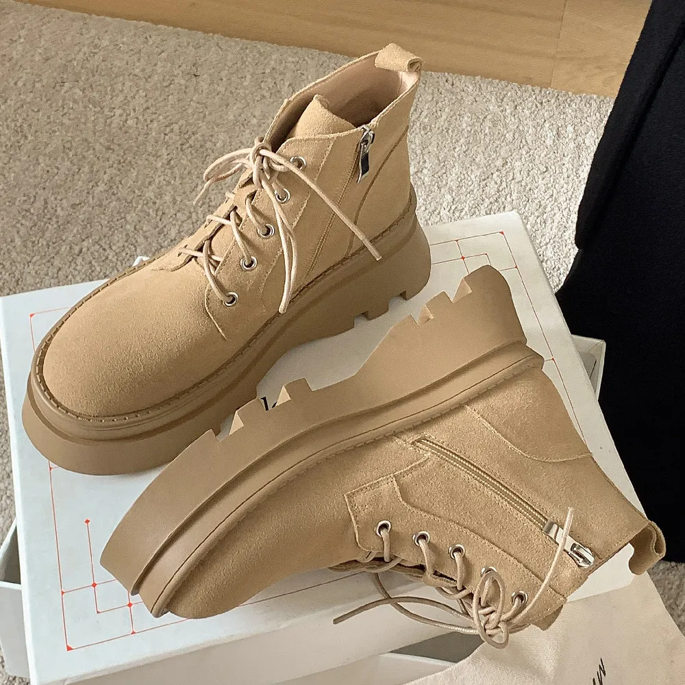 Suede Chunky Pocket Boots M&S Suede Biker Chunky Flatform Lace Up Tan Boots  Size 4/37