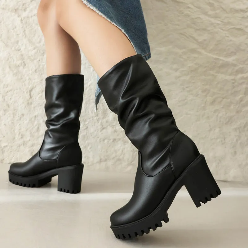 Black Platform Punk Goth Boots for Women - Mid-Calf, Pleated, High Heel, Rain Boot, 2024 Autumn Winter Party Shoes Black Platform Punk Goth Boots for Women - Mid-Calf, Pleated, High Heel, Rain Boot, 2024 Autumn Winter Party Shoes