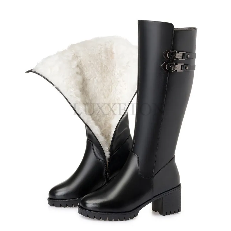 Leather Knee High Boots: Premium Round Toe, Wool Lined for Warmth