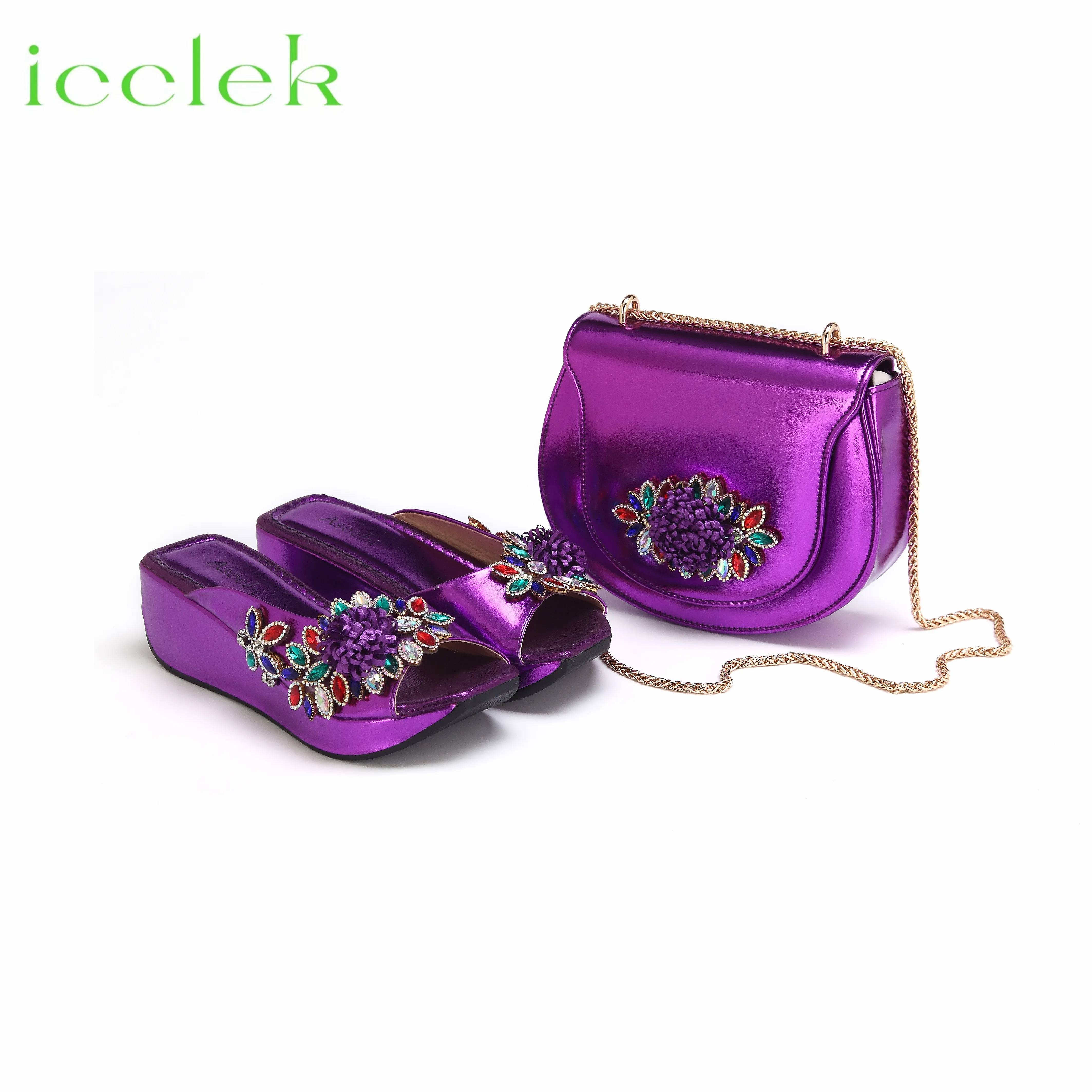 Wholesale Mature Purple Wedge Heel Slipper Set With Purple Handbag Perfect For Weddings And Parties At Only 57.28 DHgate.Com