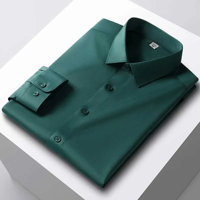 Men's Non-Iron Silk Stand Business Casual Blouses with Solid Collar - White/Green, Slim Fit, Business Casual Fit - Sizes 4XL-5XL (Z240914)