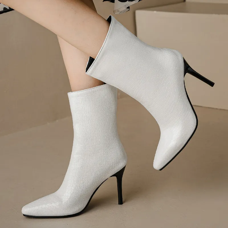 Faux Snake Ankle High White Boots Snake Print High Heels Ankle