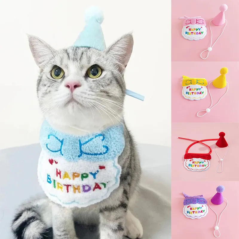 Cute Pet Cat Dog Birthday Hat Adjustable Cartoon Bib Headband For
