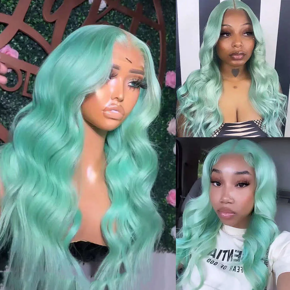 Synthetic Lace Front Wigs Body Wave Wig In Mint Green, Middle Part