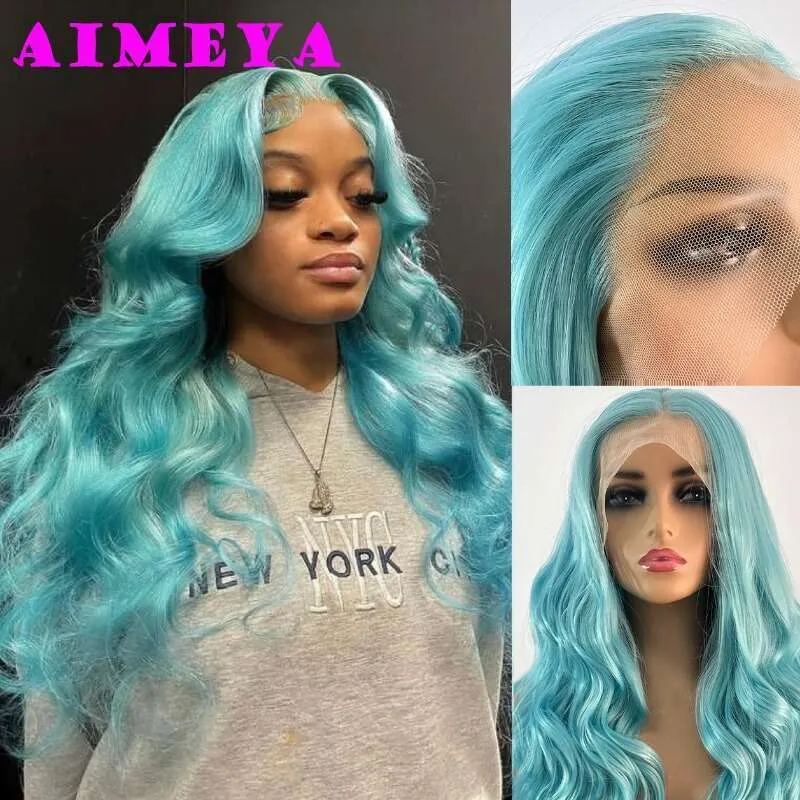 AIMEYA Blue Synthetic Long Body Wave Front Mint Green Heat