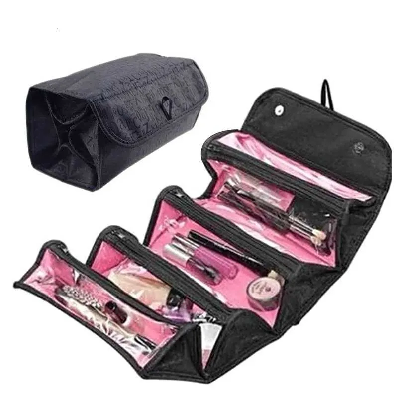 hanging roll-up makeup organizer and travel bag 4-Layer Roll up Foldable Multifunctional Cosmetic Large Capacity Toiletry Storage Bag Organizer Bath Shower Clear Case Holder Pouch for Women Girls (Black) : Beauty & large capacity Z240914 4 Layer Roll Up