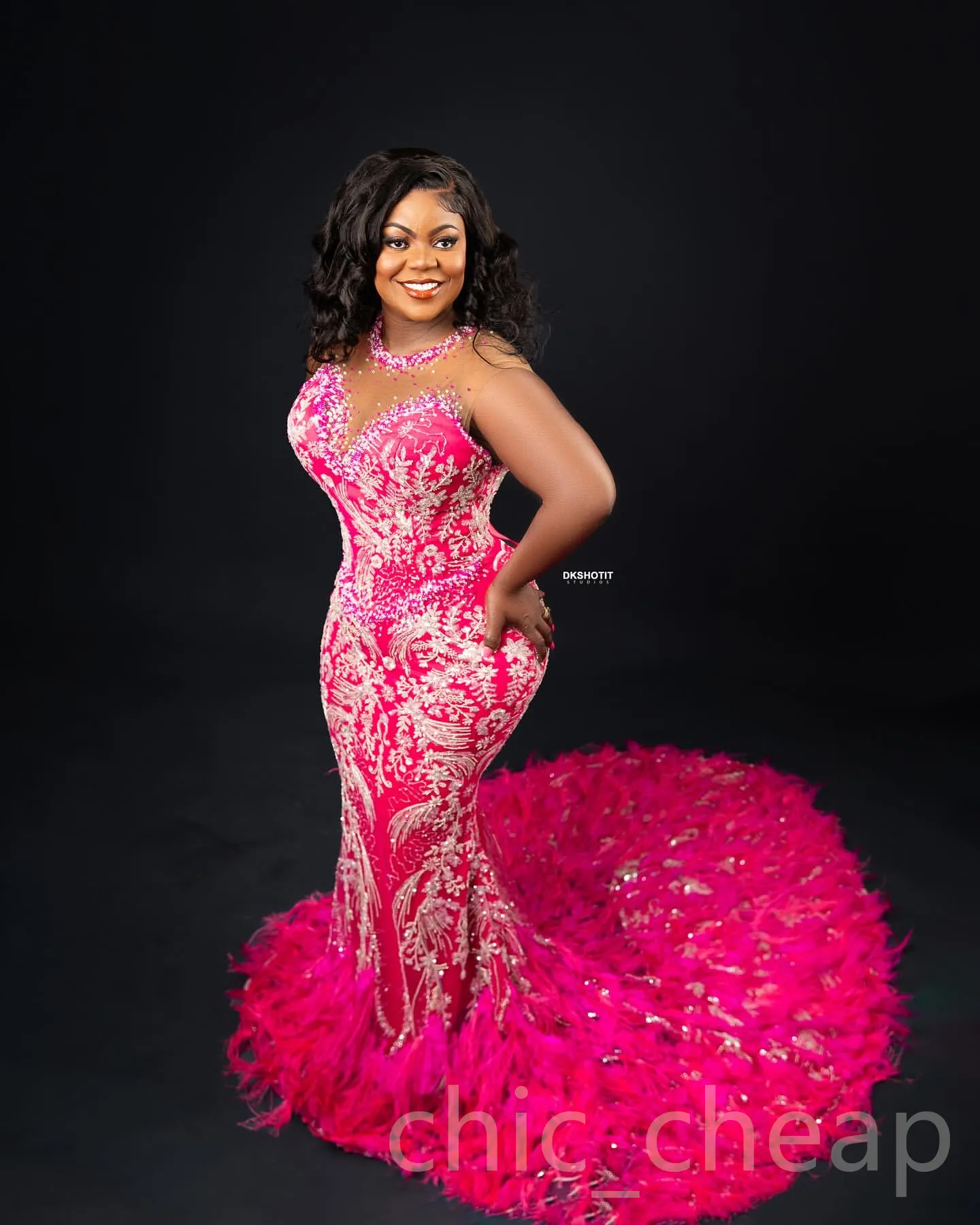 Fuchsia Mermaid Prom Dress Lace-Up Back Beaded Feather Lace Fabric Sweep  Train Evening Gown from Dhgate Prom Dresses - price 490.46