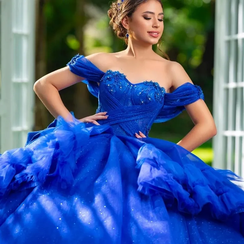 Shiny Blue Off-Shoulder Quinceanera Dress with Lace Beads and Tull Tiered Details - Perfect for Mexican Princesses, Sweet Birthdays, and XV Ball Gowns