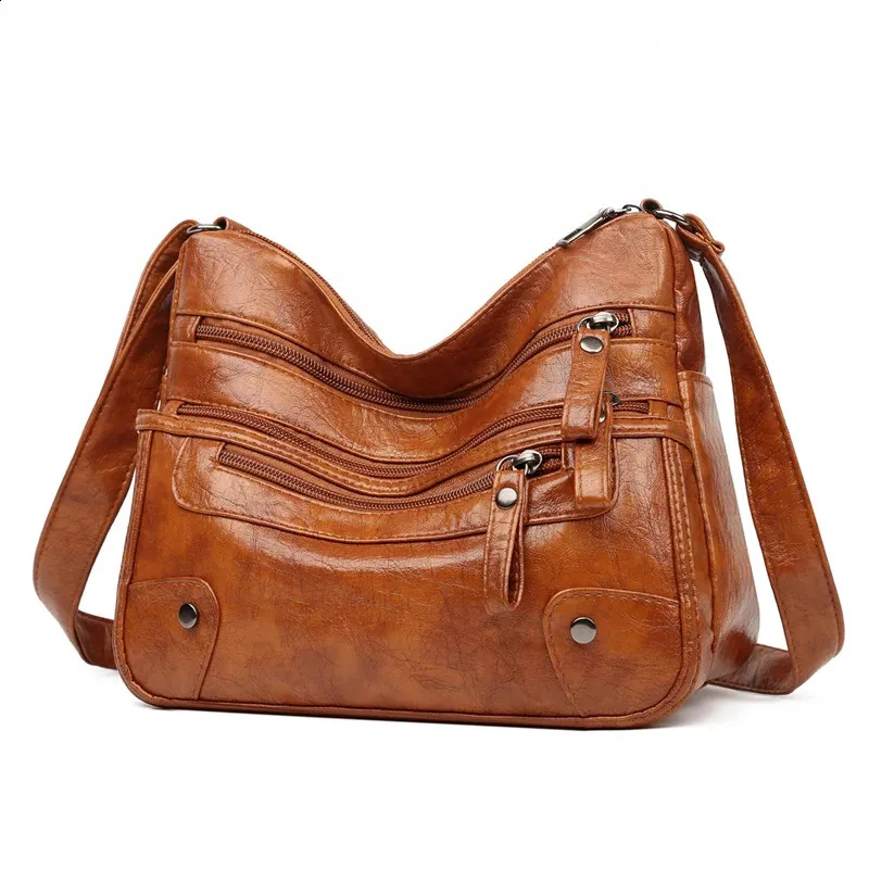 Brown Leather Shoulder Bag with Multiple Pockets - Womens