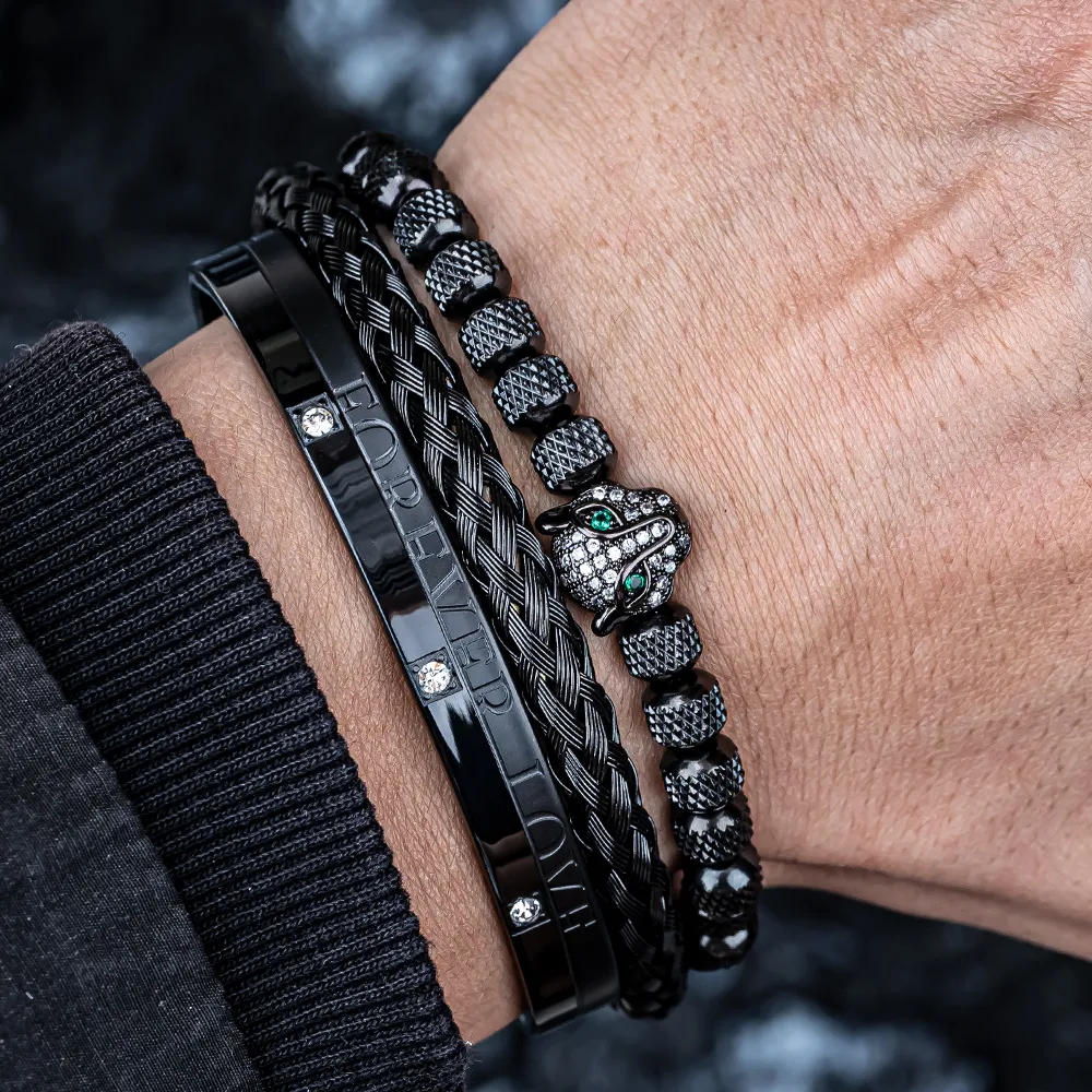 Leopard Head Charm Bracelet Set Micro Pave CZ Crystals