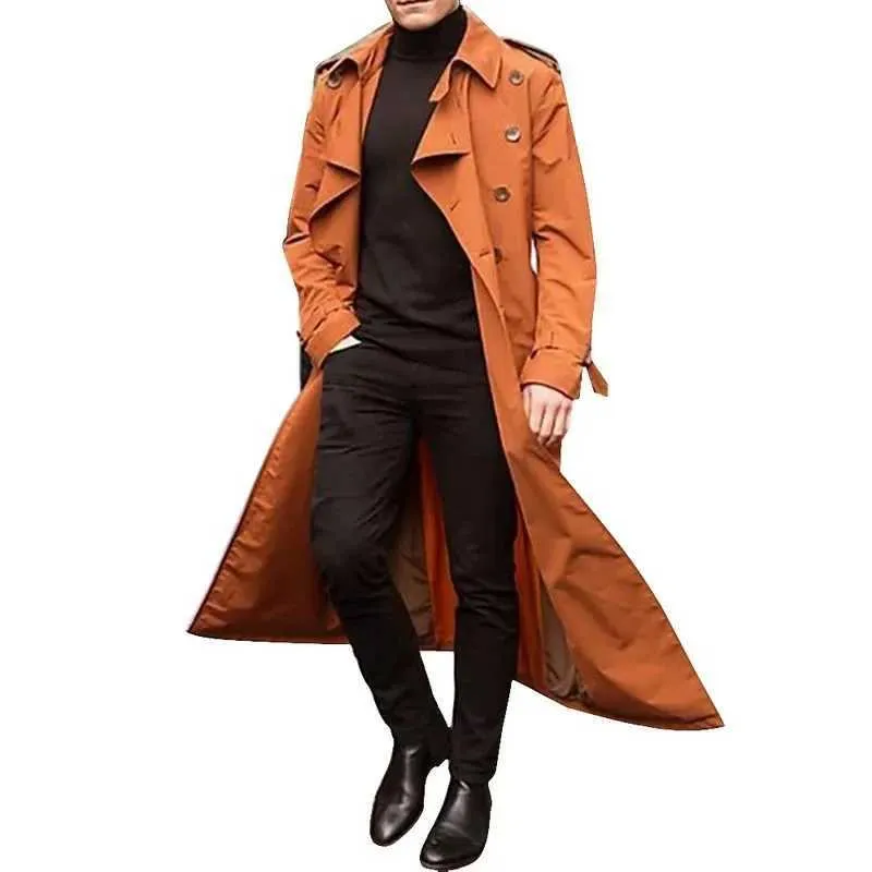 Mens Windproof Double-Breasted Long Coat - Spring & Autumn