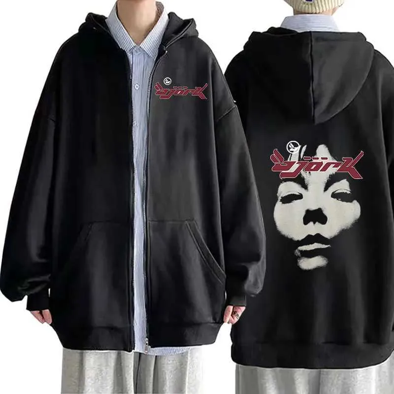 Classic 90s Vintage Bjork Look Music Album Print Zip Up Hoodie