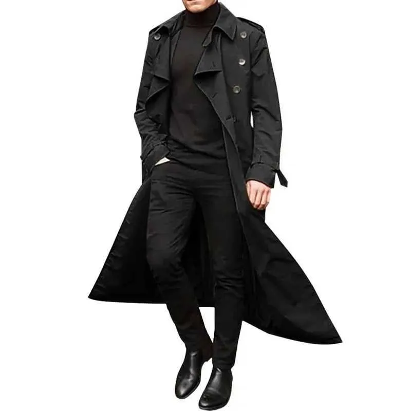 Mens Windproof Double-Breasted Long Coat - Spring & Autumn