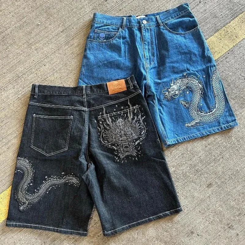 Dragon Embroidered Denim Shorts – Unisex Y2K Retro From