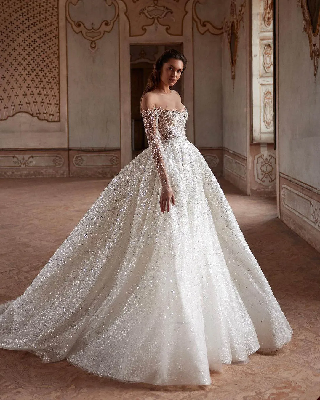 Custom-Made Elegant Wedding A Dress with Appliques, Pearls, Beading, Sequins, and Long Sleeves - O Neck Bride Gown with Bittering and Ppliques
