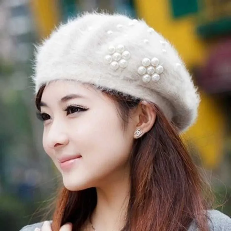 Women\'s Winter Knit Beret Hat Rabbit Hair French Warm Casual Beanie Hat White AICHUAN Women Winter Knit Beret Hat Rabbit Hair French Style  main image 4