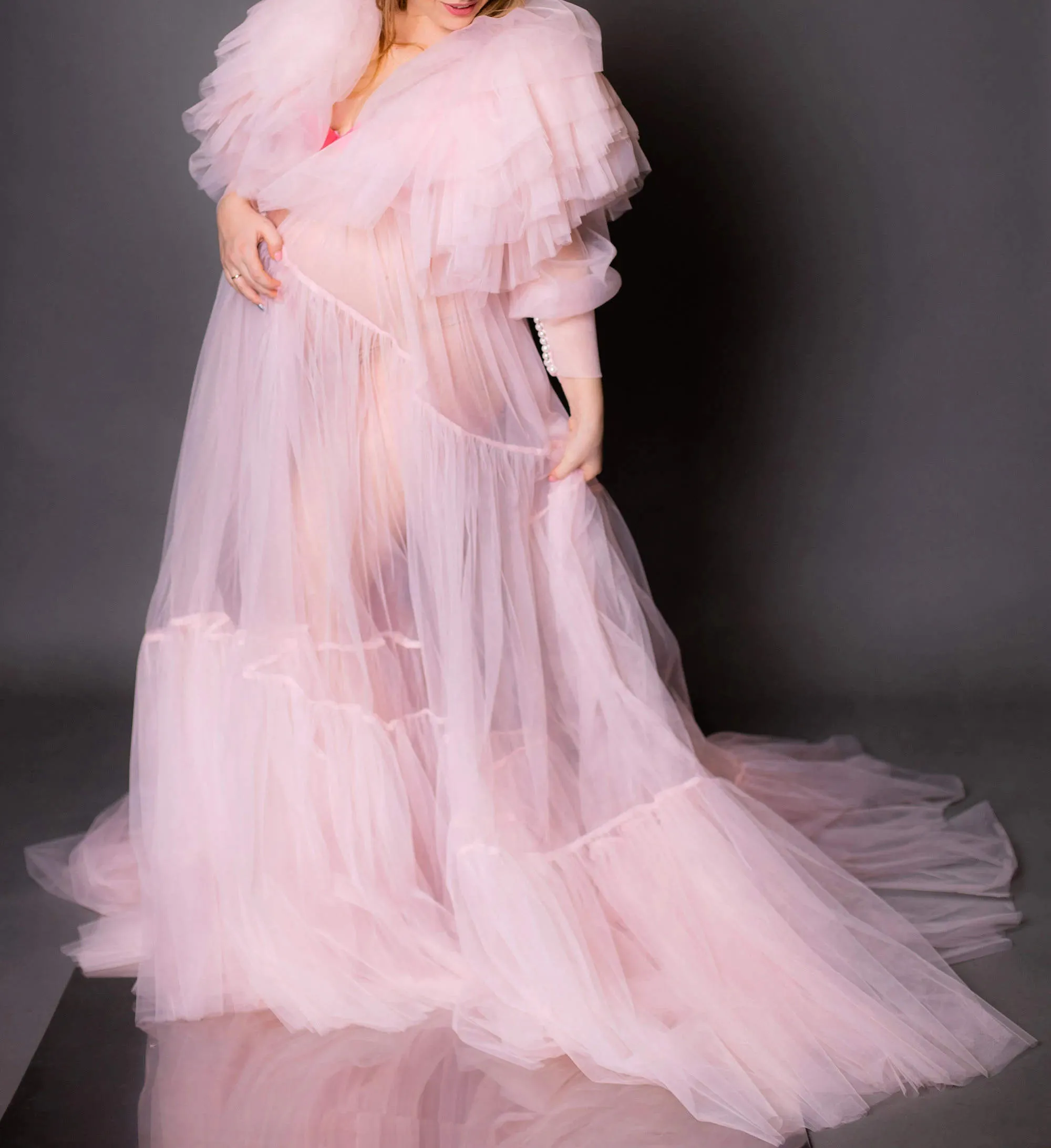 Custom-Made Ruffled Applique Tulle Maternity Photoshoot Dress for Sexy Pregnant Women - Perfect for Parties, Nightgowns, and Evening Events