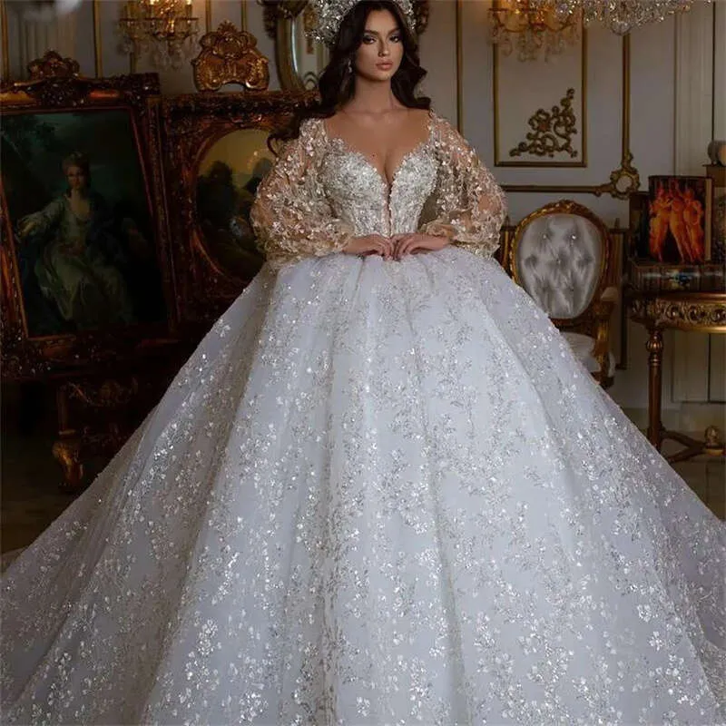 Custom-Made Crystal Lace Applique Sweetheart Sparkly Wedding Dress with Long Sleeves and Sequins - Vestido de Novia