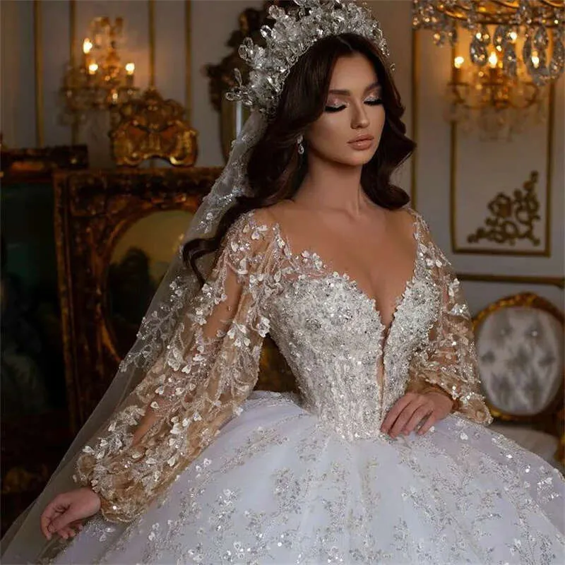 Custom-Made Crystal Lace Applique Sweetheart Sparkly Wedding Dress with Long Sleeves and Sequins - Vestido de Novia