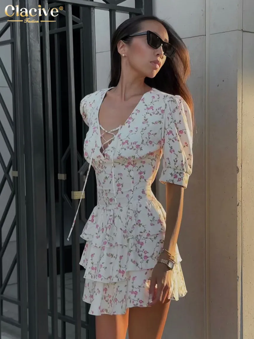 summer short dresses 2024 Clacive Summer Slim Print Women's 2024 Sexy V-Neck Short Sleeve Mini  Dresses Elegant High Waist Pleated Female Dress