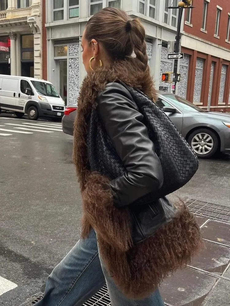 Bag Simplicity Faux Fur Coat Faux Mongolian Fur Trim Coat Women's