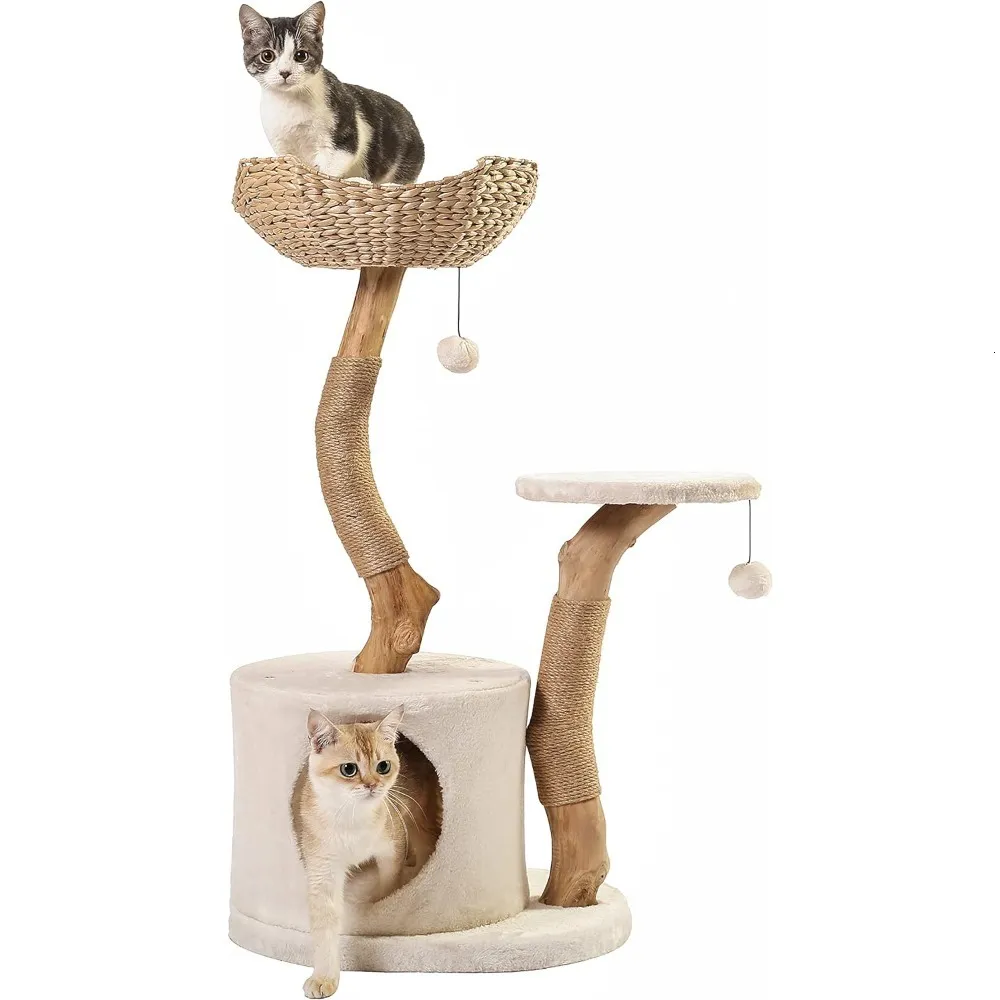 Real Wood Cat Tower with Scratch Post Hiding Enclosure for